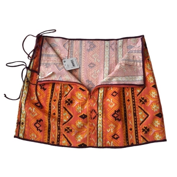 Free People Cleo Wrap Mini Skirt Rust Combo Ties Western Boho Orange Size 6 - Picture 7 of 8